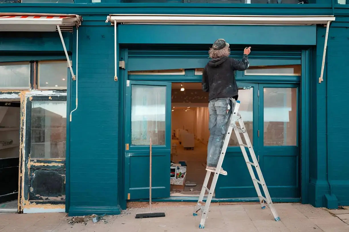 Professional exterior painter in Hanford, CA, painting a storefront