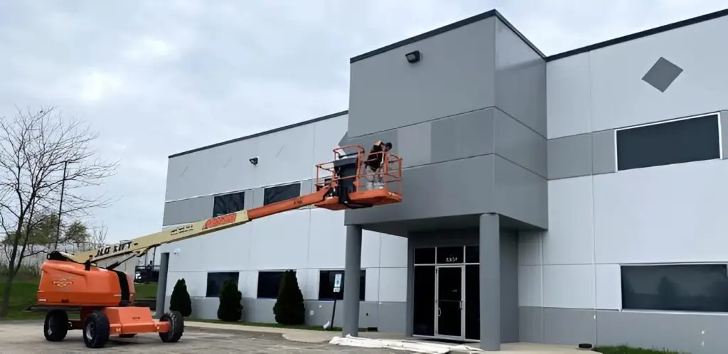 Commercial building painted with a crane by a professional exterior painter in Clovis, CA