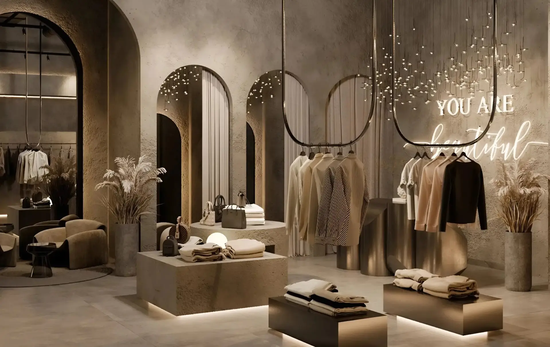 Modern retail interior repaint with textured neutral walls and a high-end commercial finish by a painting company in Lemoore, CA