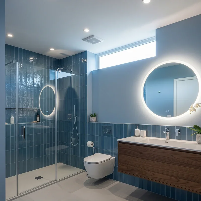 Contemporary blue bathroom paint with glossy tile walls and wood vanity by an interior painter in Hanford, CA