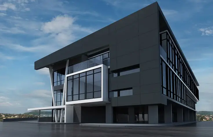 Office building with dark charcoal gray exterior paint and black architectural finishes by a painting company in Exeter, CA