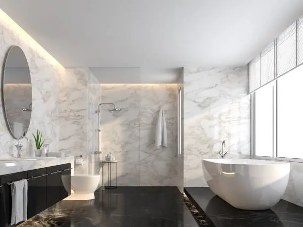Modern white marble bathroom with soft neutral wall tones by an interior painter in Hanford, CA