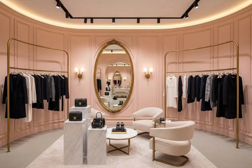 Soft blush pink retail walls with elegant molding by a painting company in Tulare, CA