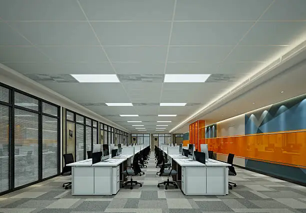 Bright commercial office with LED ceiling lighting and professionally painted walls by an interior painter in Clovis, CA.