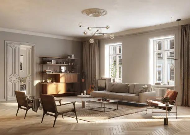 Living room with warm greige walls and elegant trim by a house painter in Selma, CA