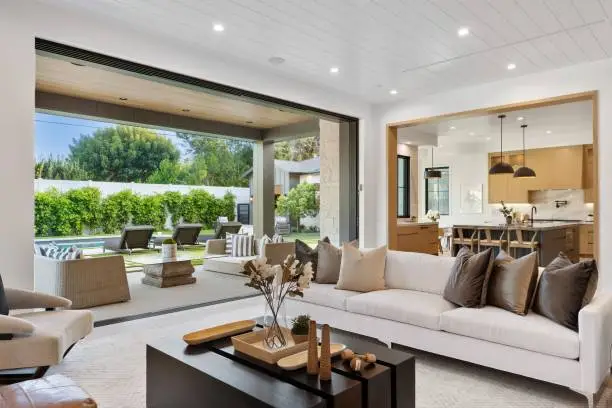 Living room with neutral interior paint, white walls, and crisp trim by a house painter in Exeter, CA.