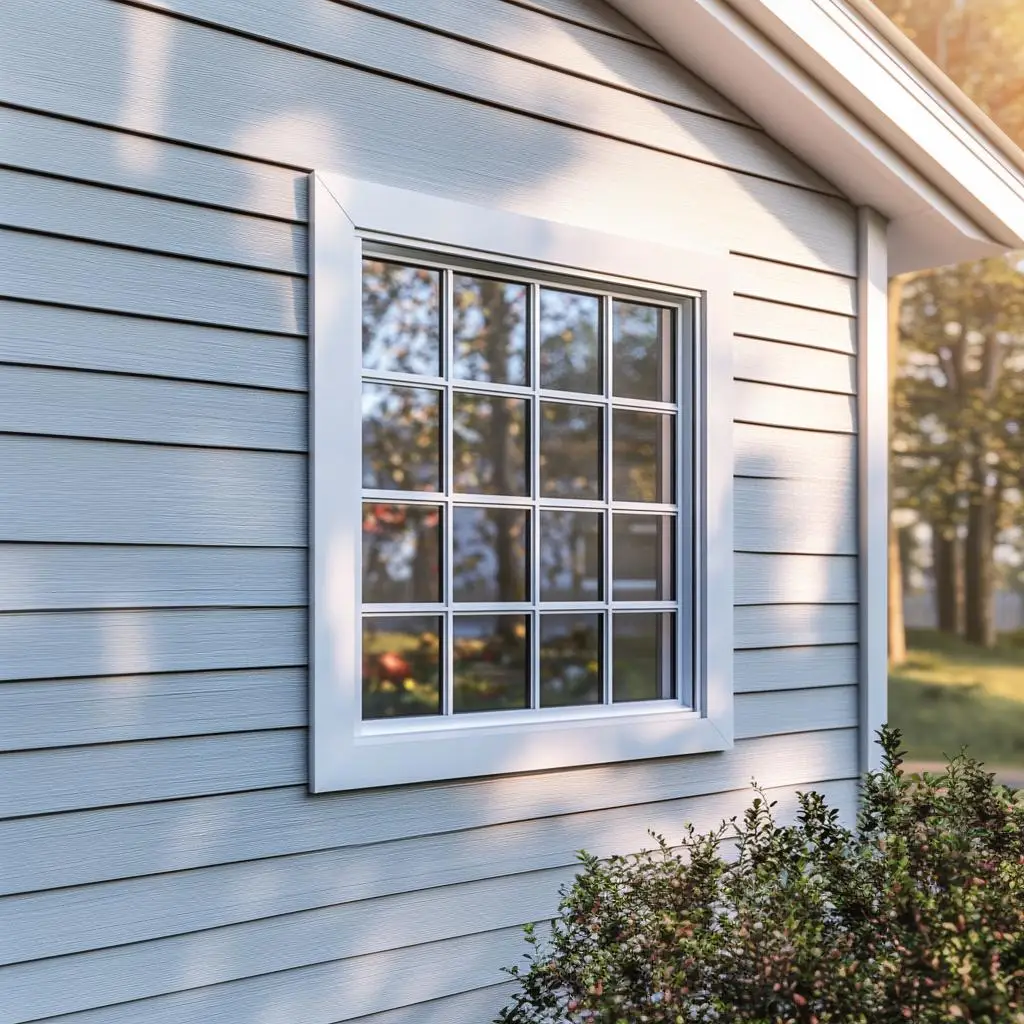 White window trim with light blue-gray siding and clean architectural details by an exterior painter in Tulare, CA